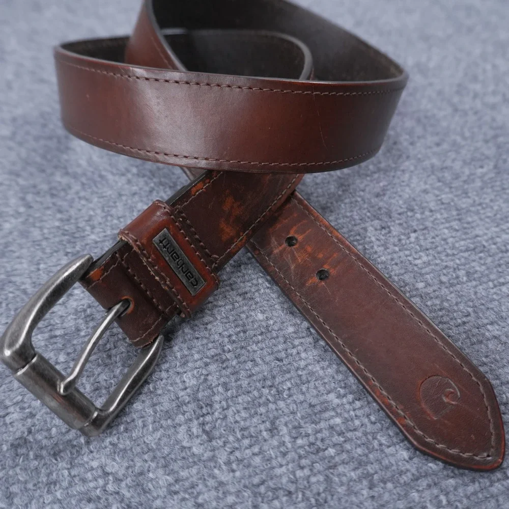 Carhartt Leather Belt Mens Brown Distressed Workwear Logo Buckle Accessory